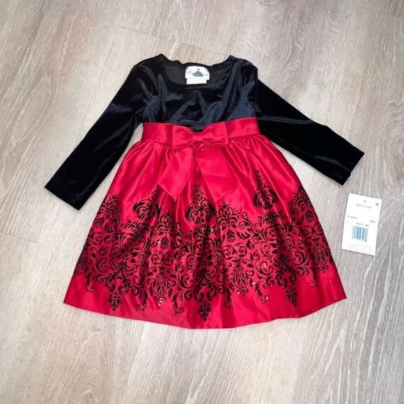 Rare Editions, Little Girl Velvet Bodice To Flocked Satin Skirt, 2T Toddler - Picture 8 of 8